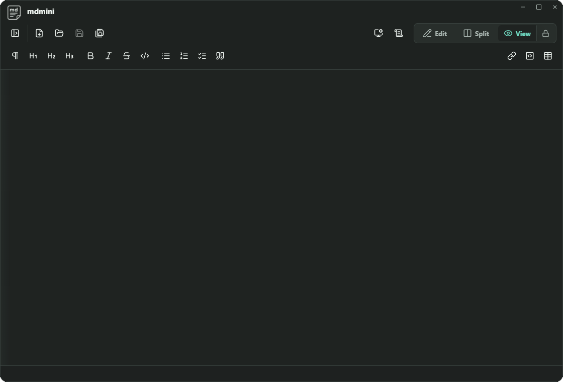 The mdmini desktop app frame with toolbar controls and a dark editor workspace.